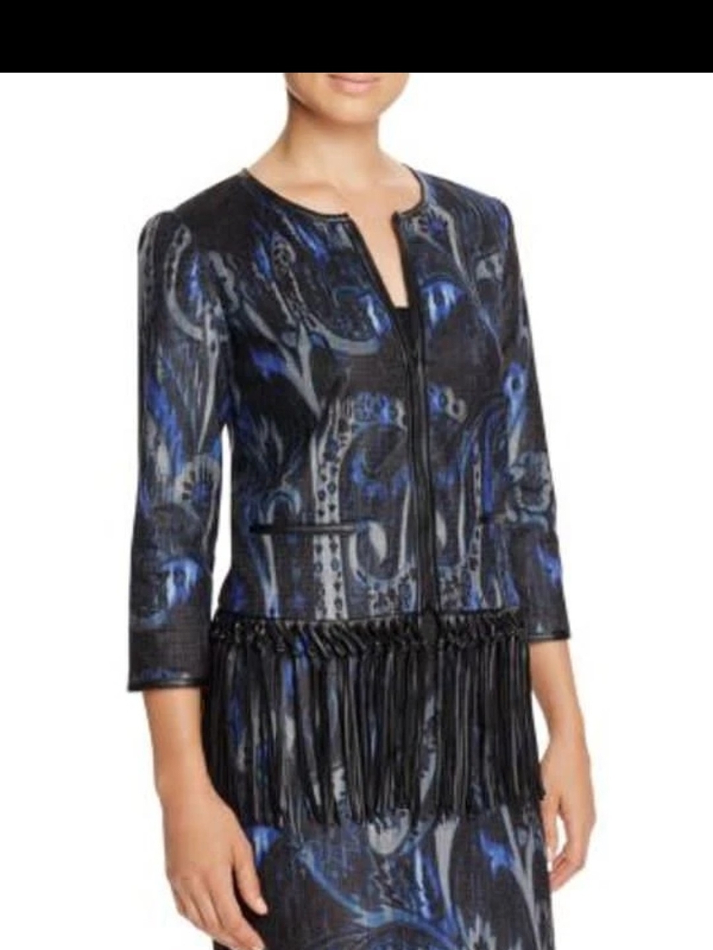 Elie Tahari Black Blue White Trim & Fringe Faux Leather Blazer Jacket Large